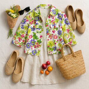 VTG 80s AJ Clothing Fruit & Floral Canvas Jacket M Strawberry Buttons 3/4 Sleeve